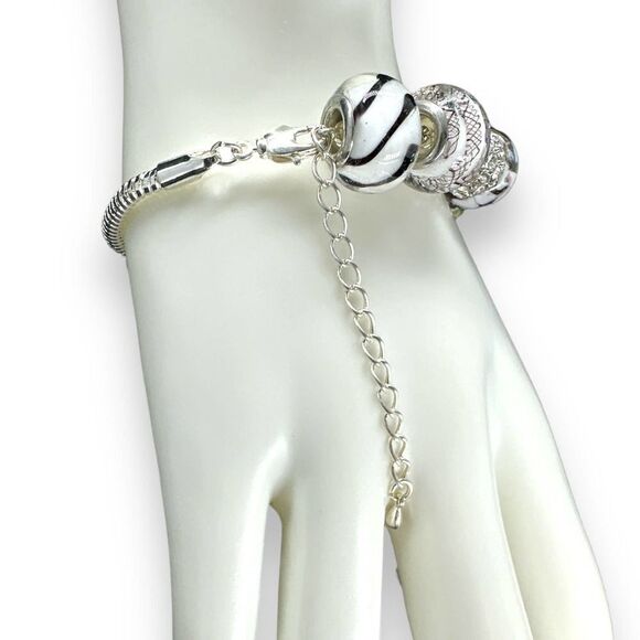 Charm Bracelet Glass Beads Metal Spacer Rib Style Chain Link - Picture 4 of 8